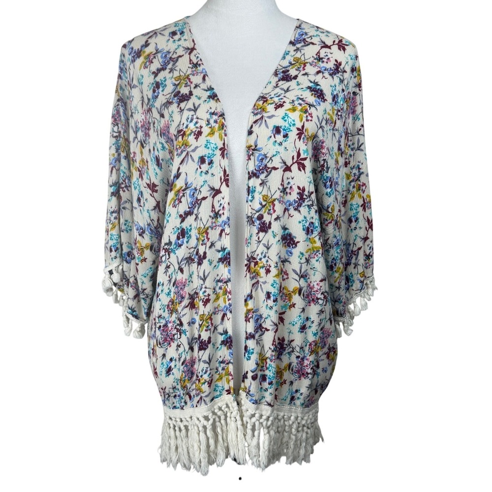 Kori American Women's Kimono M/L Open Front Floral Fringe